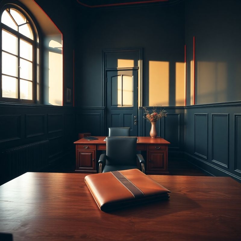 Composed Transylvanian office interior with midnight walls and coral accents