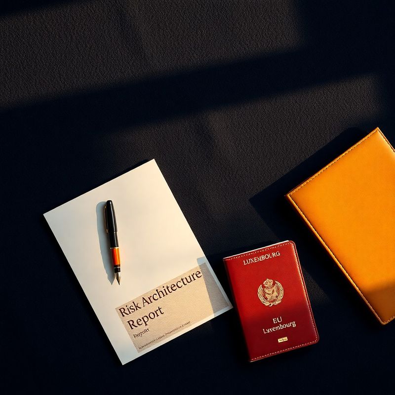 Overhead flat-lay of a Risk Architecture Report, fountain pen, and EU document folder